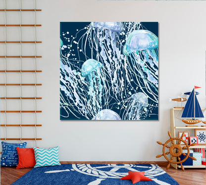 JELLYFISH | Blue Ocean Abstract Jellyfish Canvas Print - Square Panel Nautical, Sea Life Pattern Art Artesty   