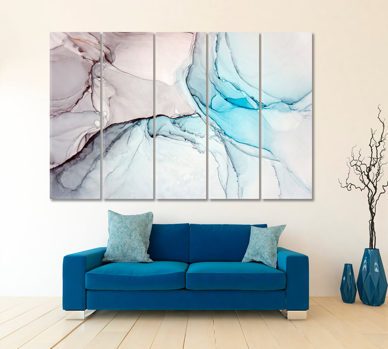 Turquoise Gray Marble Oriental Alcohol Ink Painting Fluid Art, Oriental Marbling Canvas Print Artesty 5 panels 36" x 24" 