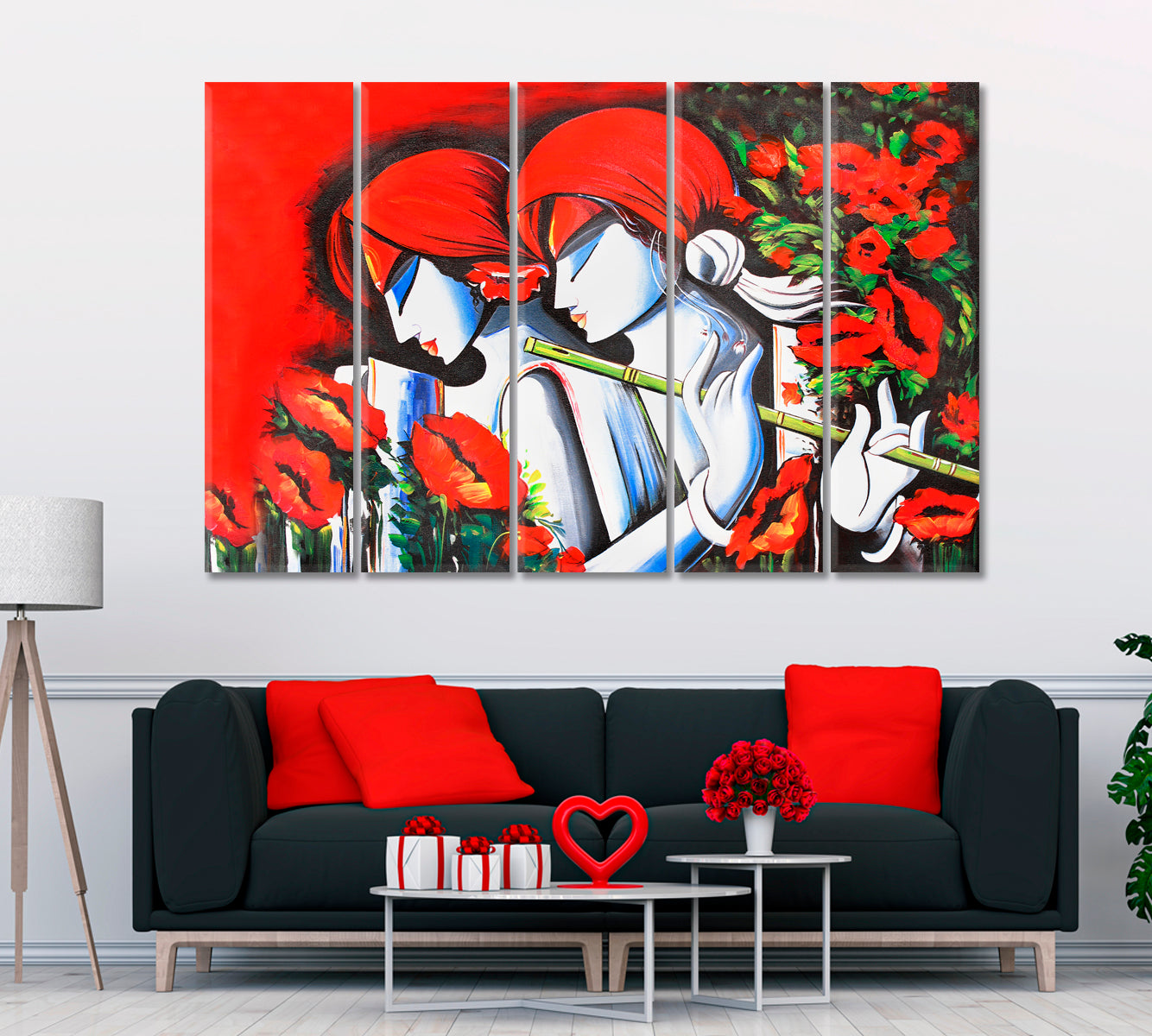Abstract Vivid Lord Radha Krishna with Flute Religious Modern Art Artesty 5 panels 36" x 24" 