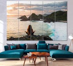 ASANA Woman and Ocean Wave Tropical Island Spiritual Spa, Zen Wall Canvas Art Artesty 5 panels 36" x 24" 