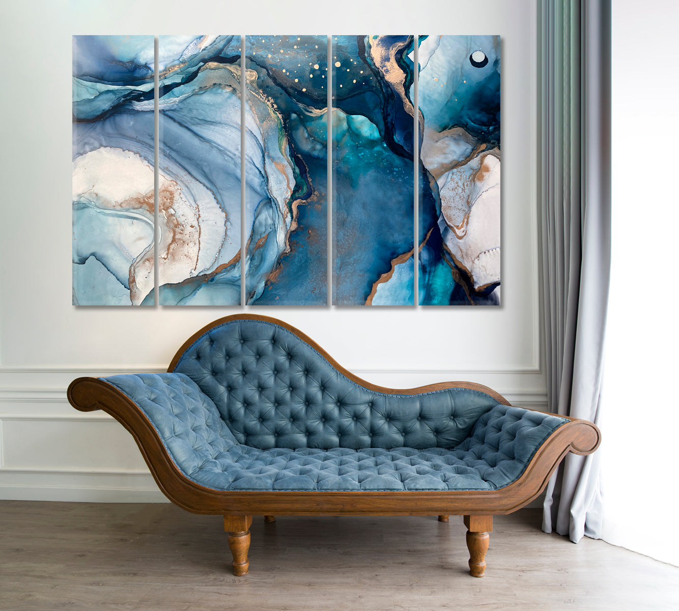 Blue Marble Tender Dreamy Design Luxury Abstract Fluid Art Fluid Art, Oriental Marbling Canvas Print Artesty 5 panels 36" x 24" 