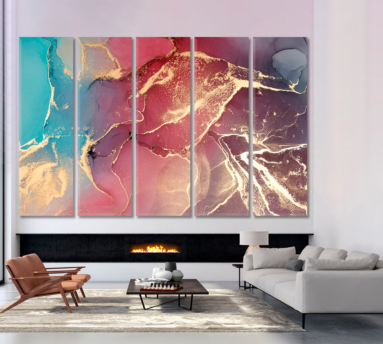 Purple Pink Abstract Marble Ink Fluid Veines Fluid Art, Oriental Marbling Canvas Print Artesty 5 panels 36" x 24" 