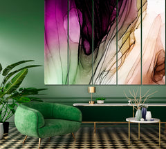 PURPLE GREEN BROWN Ink Color Drop in Water Fluid Art, Oriental Marbling Canvas Print Artesty 5 panels 36" x 24" 
