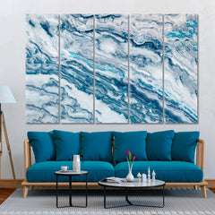 BLUE Marble Swirl Veins Fluid Art, Oriental Marbling Canvas Print Artesty 5 panels 36" x 24" 