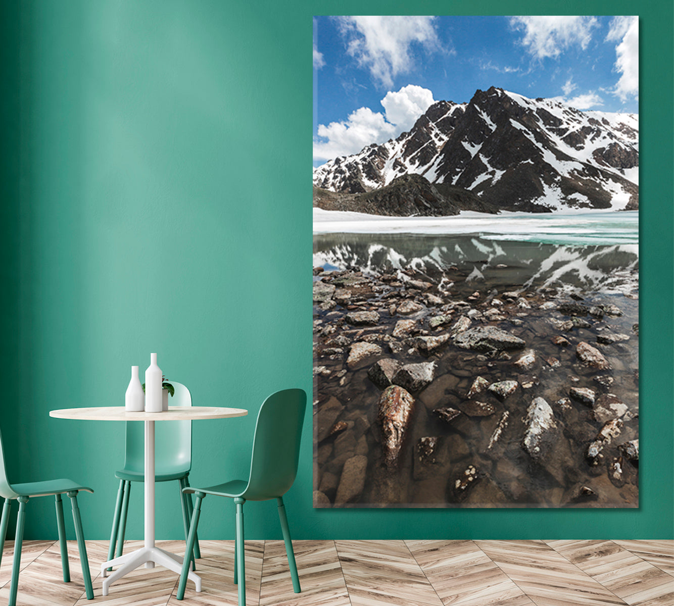 Panoramic Winter Mountain Landscape Snow Peaks Frozen Lake Water Reflection  - Vertical Scenery Landscape Fine Art Print Artesty   