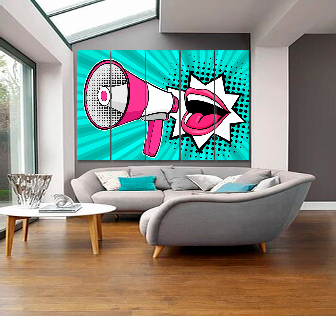 Female Mouth Megaphone Comic Retro Pop Art Style Pop Art Canvas Print Artesty 5 panels 36" x 24" 
