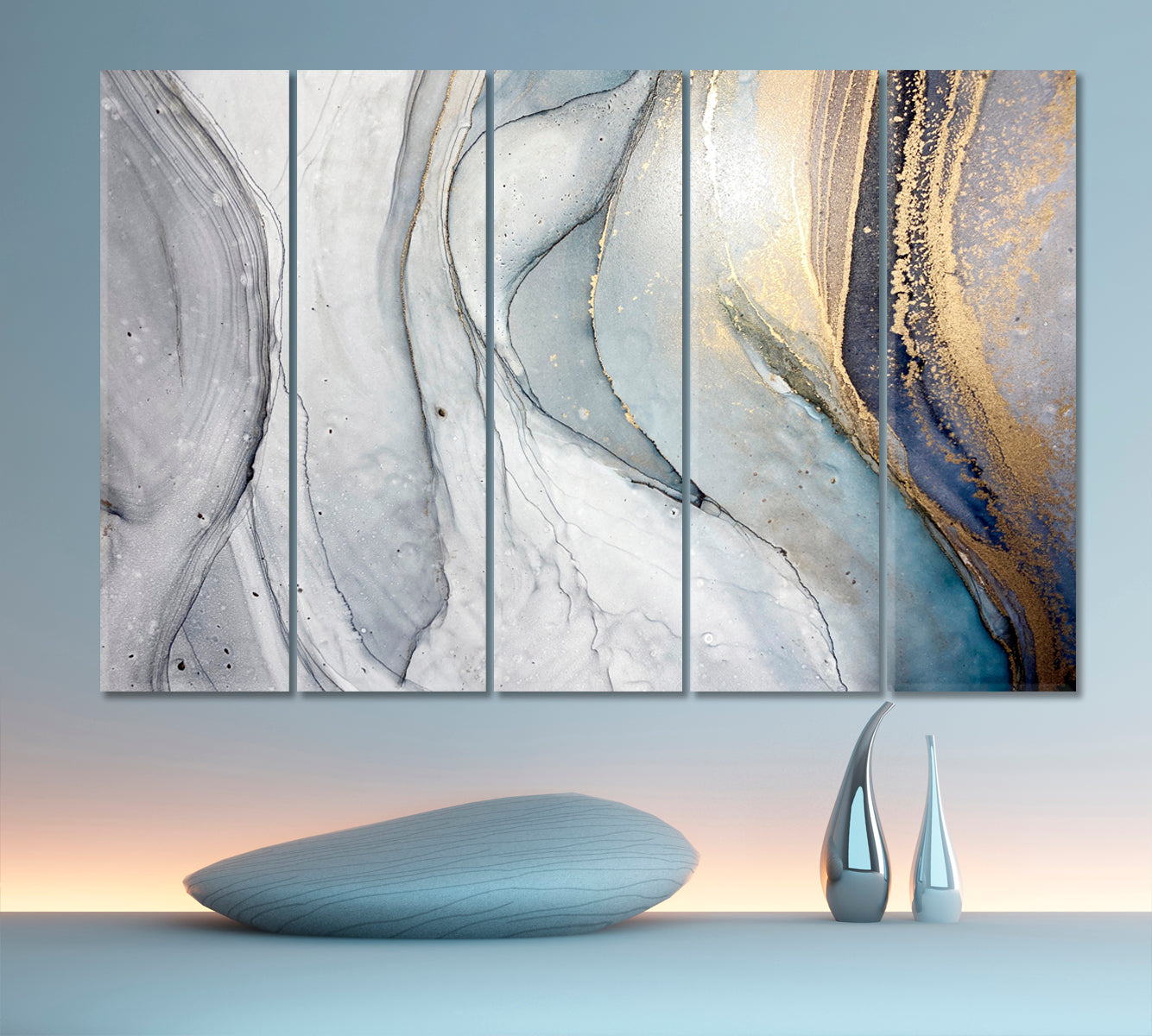 MARBLE FLOW Abstract Blue Light Grey Veins Fluid Art, Oriental Marbling Canvas Print Artesty 5 panels 36" x 24" 