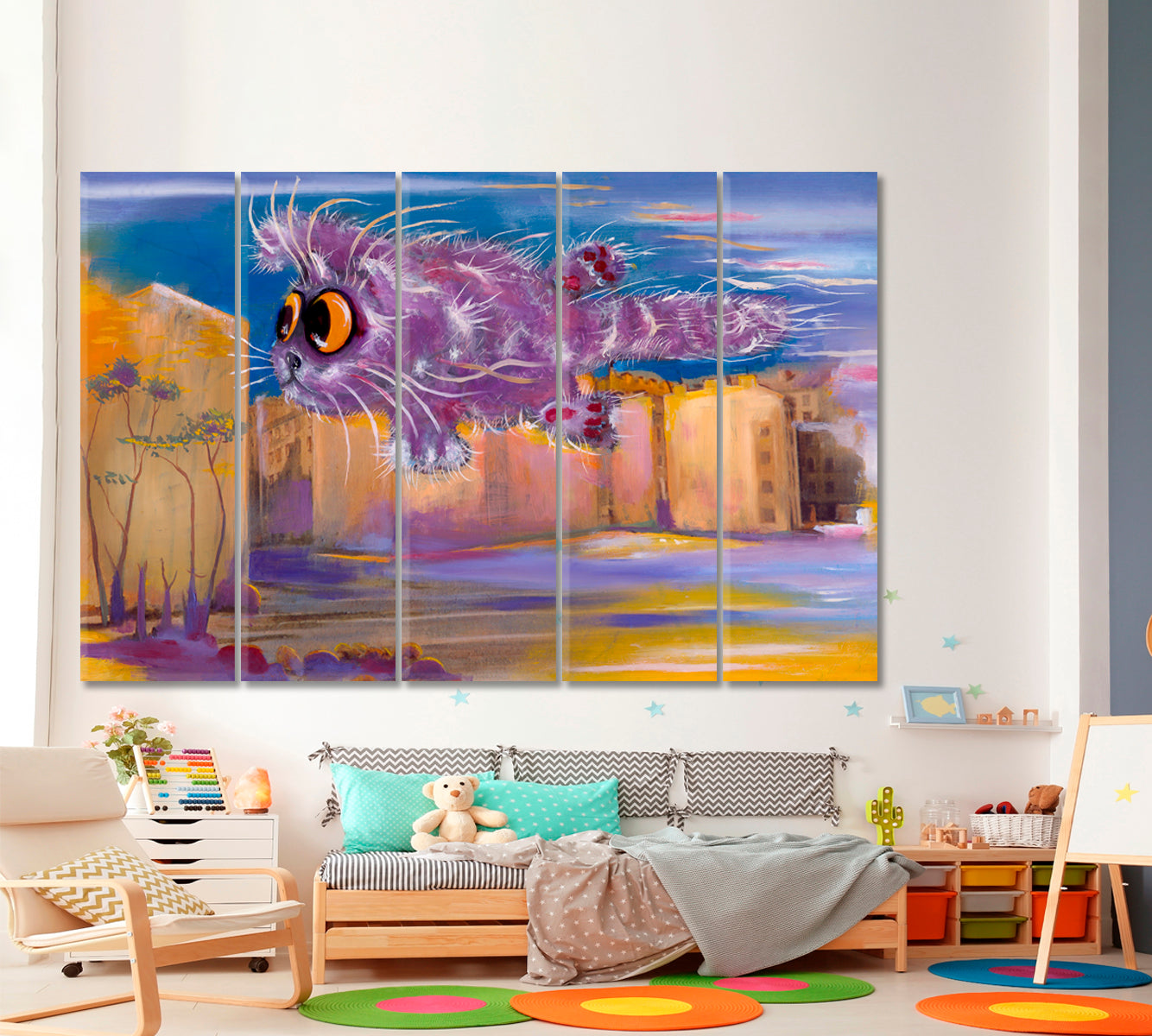 Flying Over the City Funny Cat Big Eyes Whimsy Animals Canvas Print Animals Canvas Print Artesty 5 panels 36" x 24" 