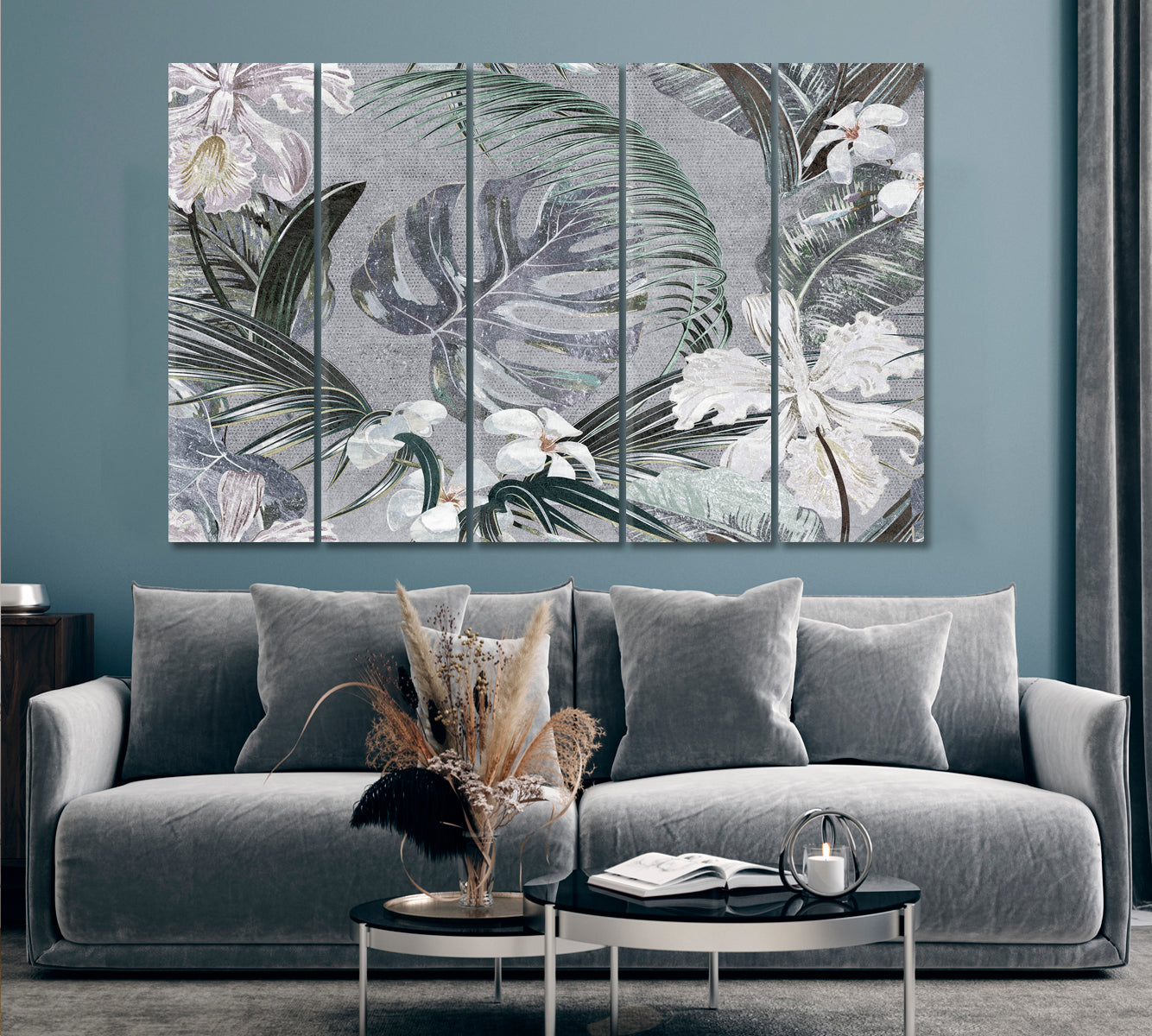 Gray Tropical Leaves Abstract Floral Poster Floral & Botanical Split Art Artesty 5 panels 36" x 24" 
