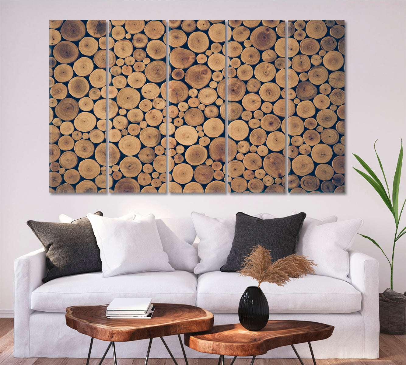 Round Teak Wood Abstract Pattern Abstract Art Print Artesty 5 panels 36" x 24" 