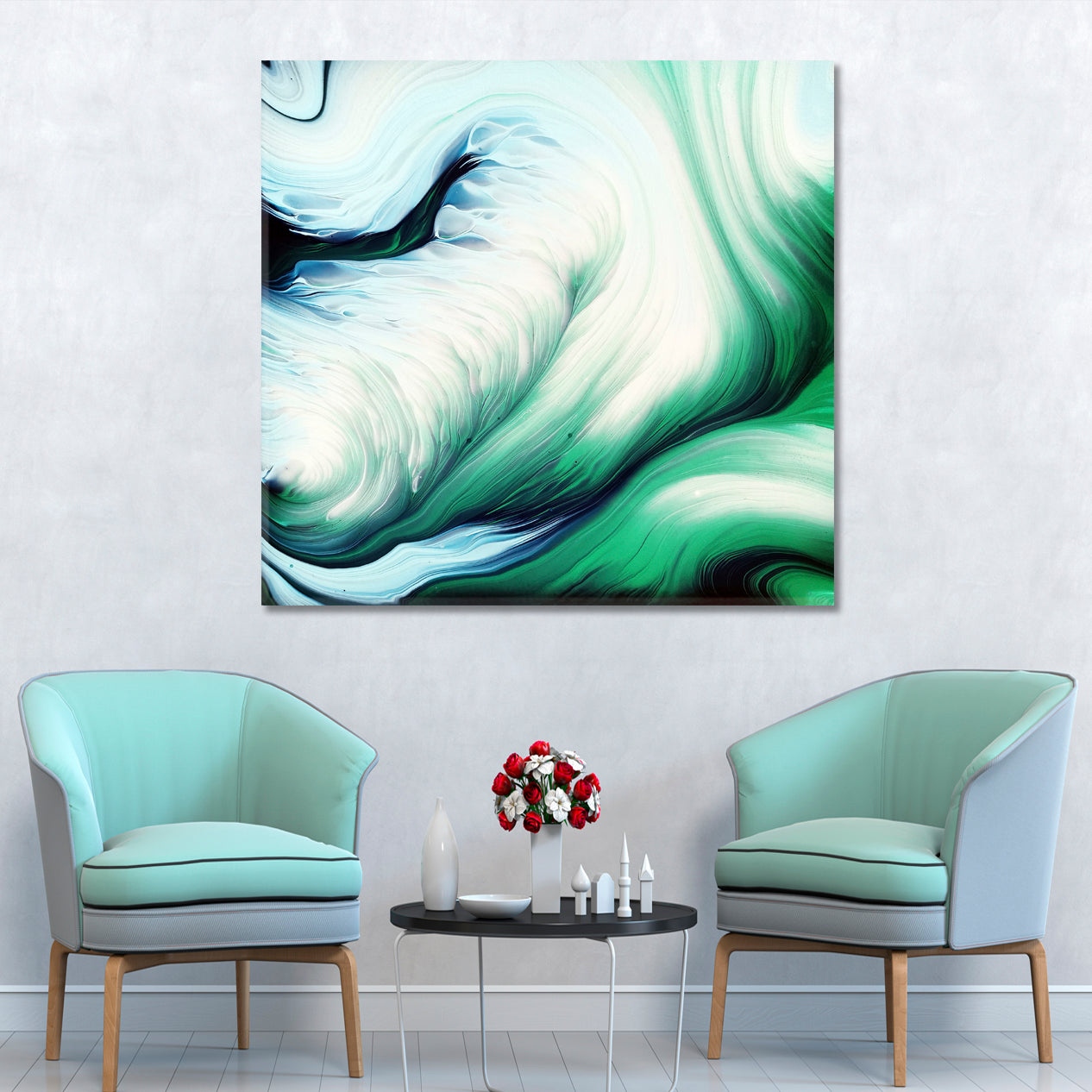 Green Waves Fluid Art Fluid Art, Oriental Marbling Canvas Print Artesty   