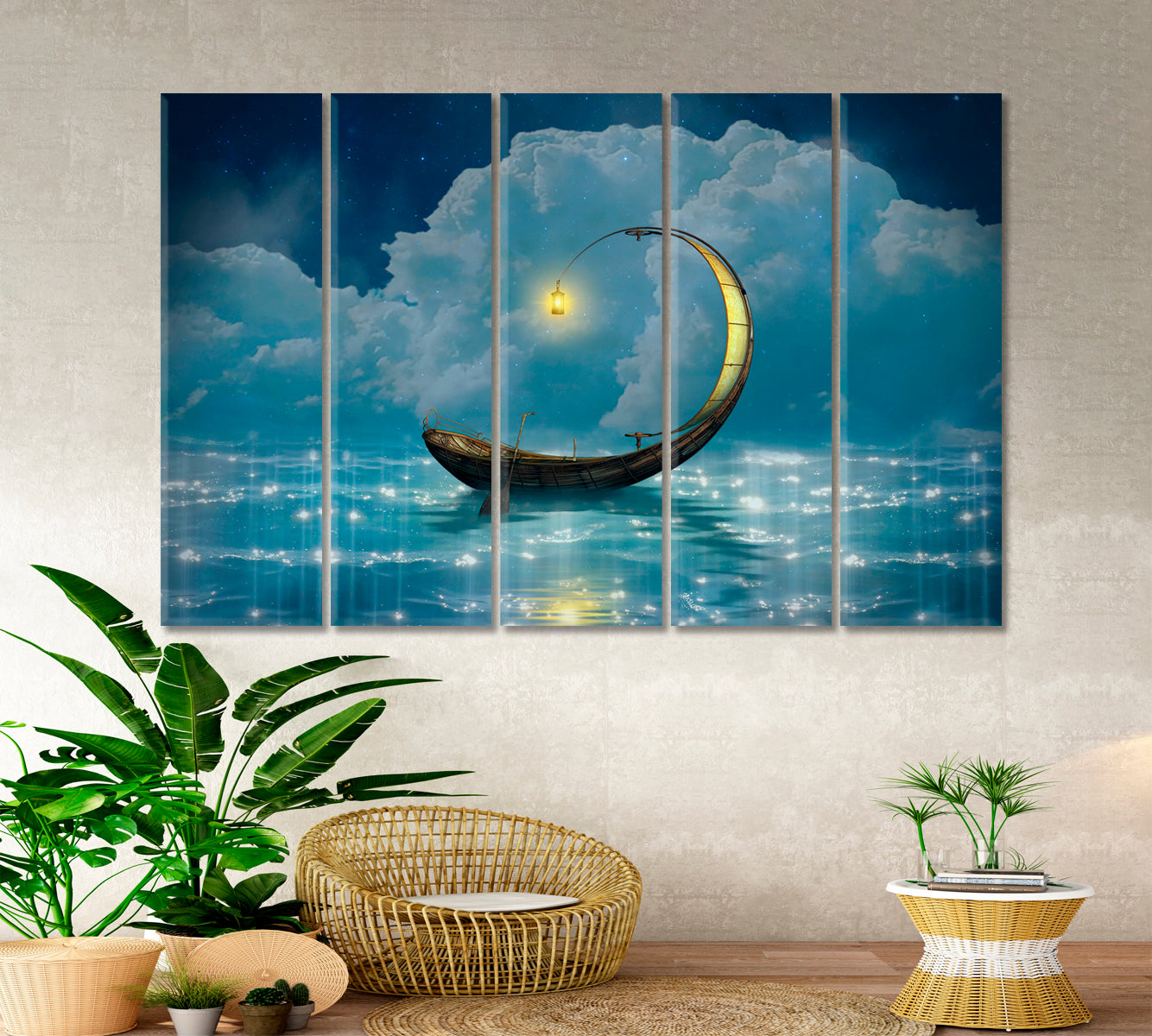 STARRY NIGHT Fantasy Boat Scenery Landscape Surreal Fantasy Large Art Print Décor Artesty 5 panels 36" x 24" 