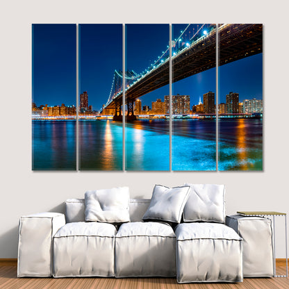 New York City Skyline Manhattan Bridge Night Panorama Cities Wall Art Artesty 5 panels 36" x 24" 