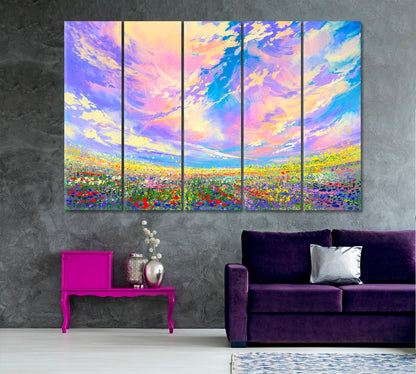 COLORFUL LANDSCAPE Field Flowers Beautiful Clouds Fine Art Artesty 5 panels 36" x 24" 