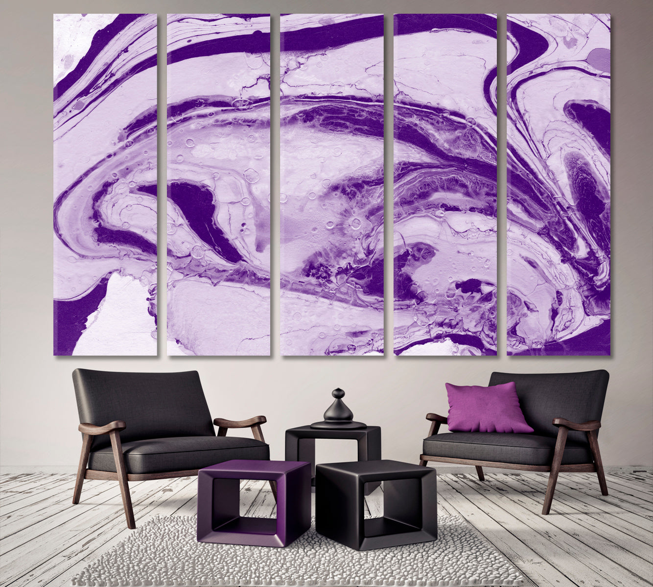 Bath Bomb Pattern Violet Marble Ink Colors Fluid Art, Oriental Marbling Canvas Print Artesty 5 panels 36" x 24" 