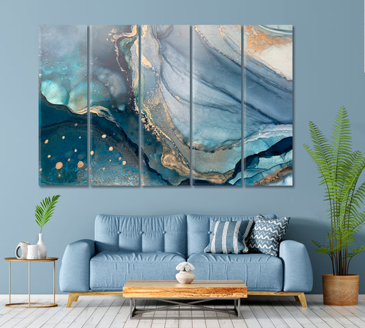 STREAKS STAINS Light Dark Blue Liquid Acrylic Fluid Art Gold Veins Fluid Art, Oriental Marbling Canvas Print Artesty 5 panels 36" x 24" 