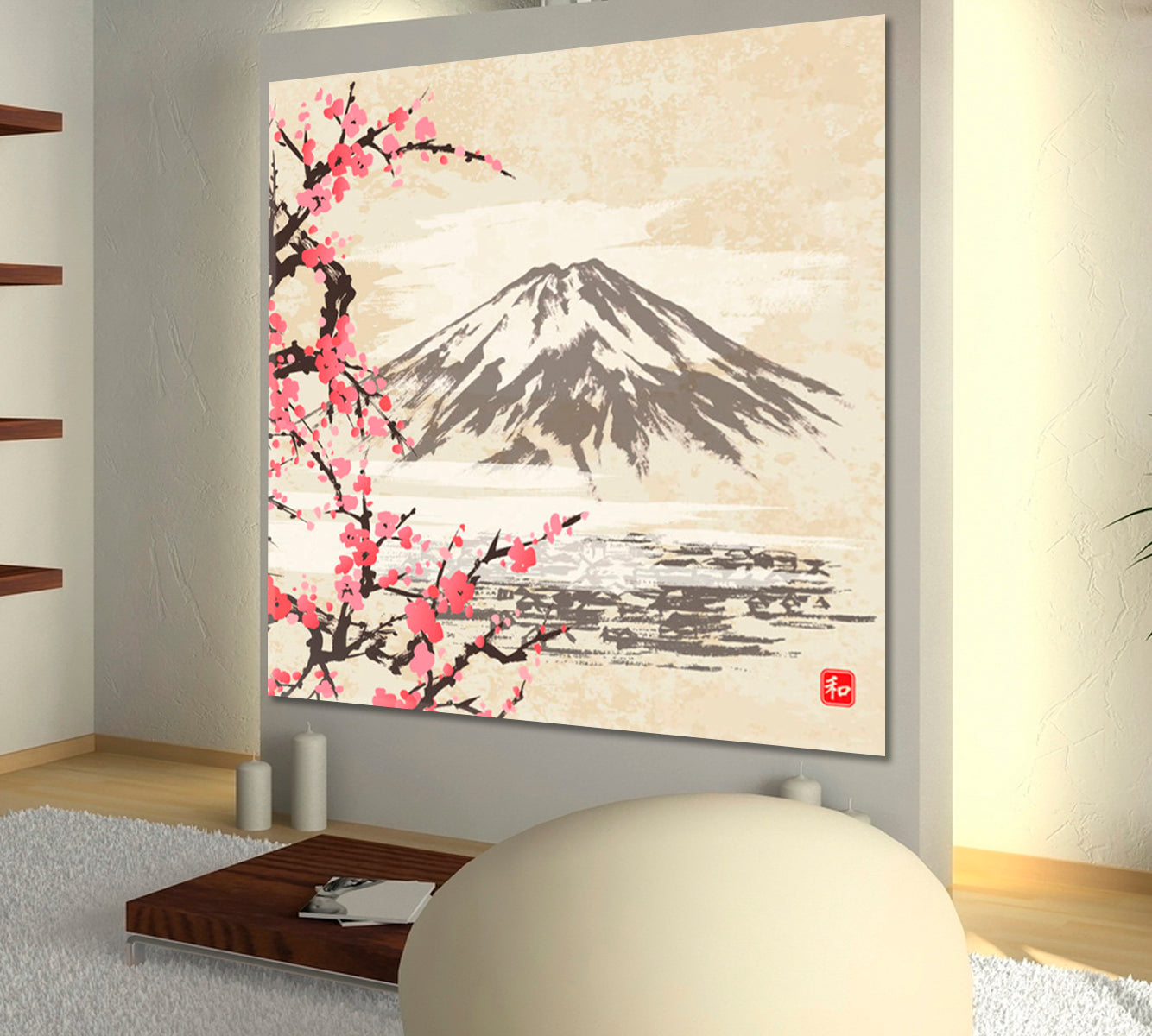 HARMONY Mountain Fuji Sakura Japanese Cherry Blossom Trees Style Oriental Canvas Print - Square Asian Style Canvas Print Wall Art Artesty 1 Panel 12"x12" 