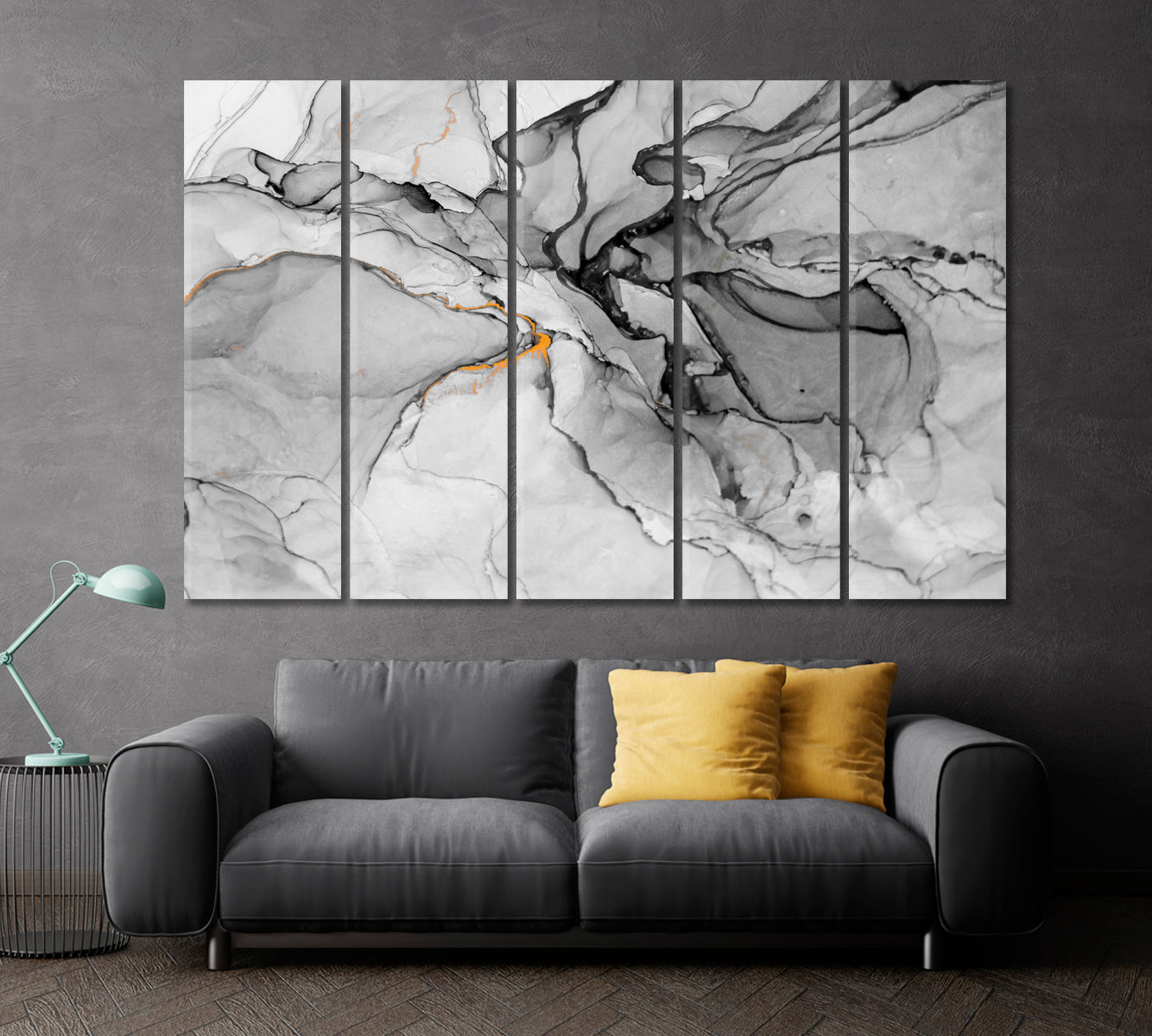 Gray Ink Modern Abstract Painting Fluid Art, Oriental Marbling Canvas Print Artesty 5 panels 36" x 24" 