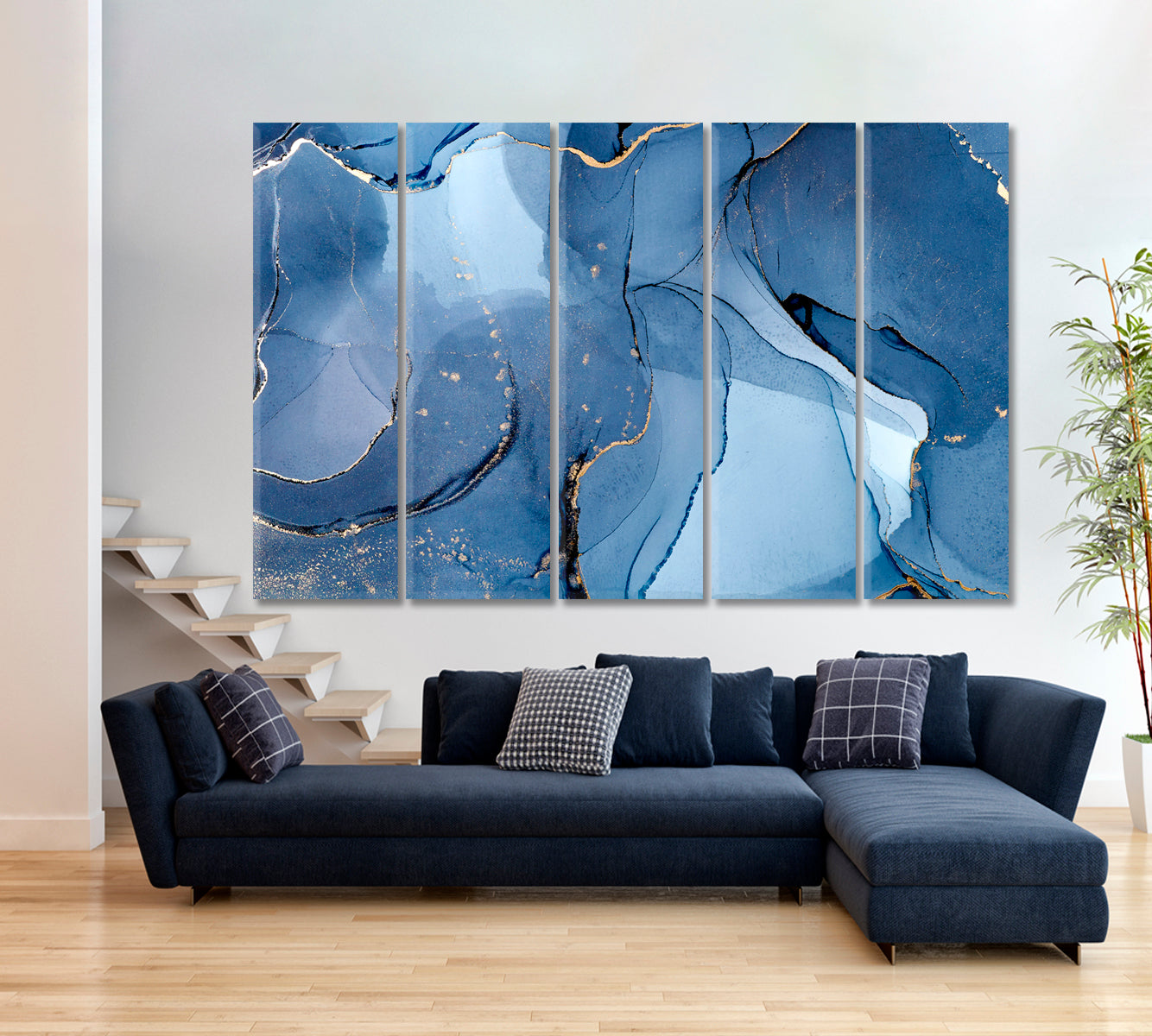 SHADES OF BLUE Marble Ink Color Pattern Creation Fluid Art, Oriental Marbling Canvas Print Artesty 5 panels 36" x 24" 