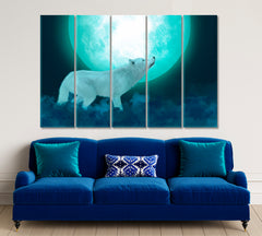 Majestic White Wolf And Big Moon Poster Animals Canvas Print Artesty 5 panels 36" x 24" 