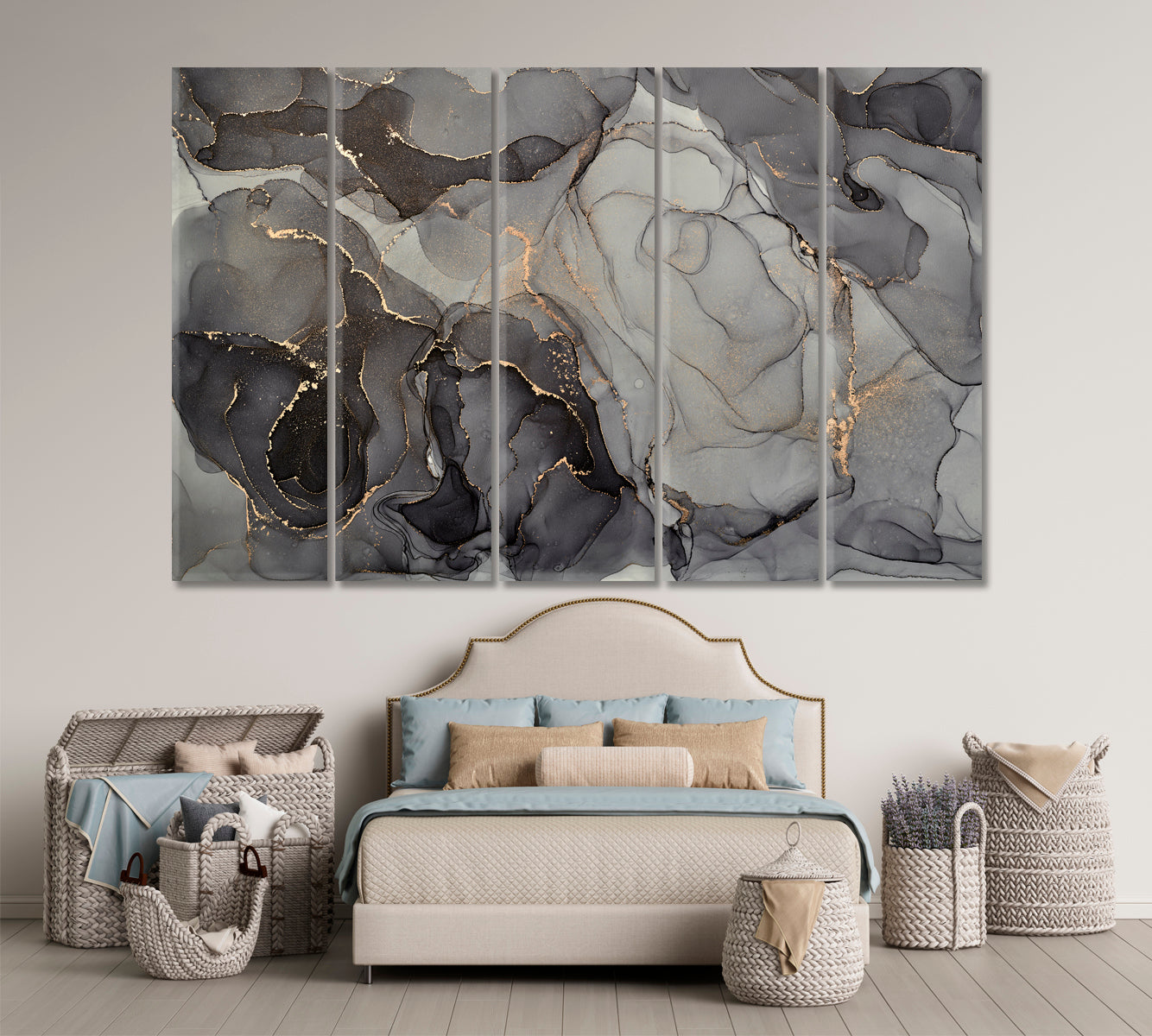 Black Gray Marble Alcohol Ink Stains Translucent Waves Fluid Art, Oriental Marbling Canvas Print Artesty 5 panels 36" x 24" 