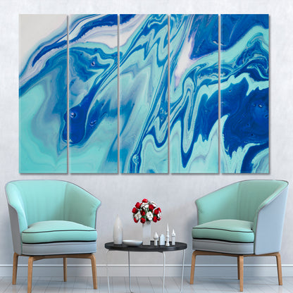 Shades of Blue Acrylic Mix Abstract Colorful Marble Splash Fluid Fluid Art, Oriental Marbling Canvas Print Artesty 5 panels 36" x 24" 