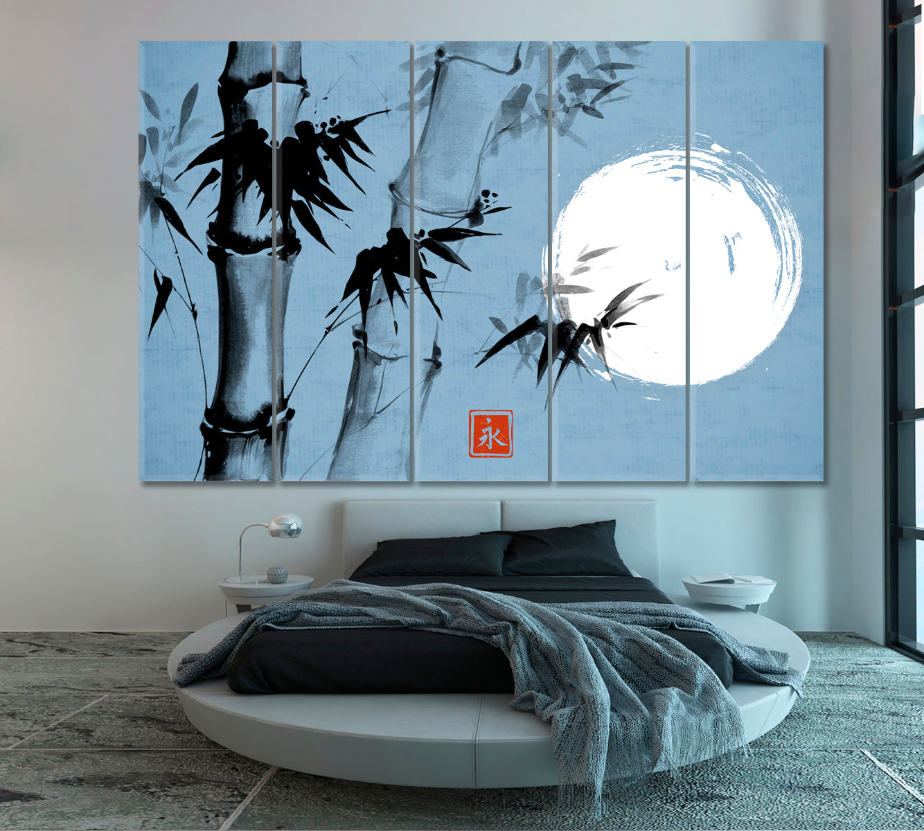 ETERNITY Sumi-e Hieroglyph Bamboo Moon Traditional Japanese Ink Canvas Print Blue Color Asian Style Canvas Print Wall Art Artesty   