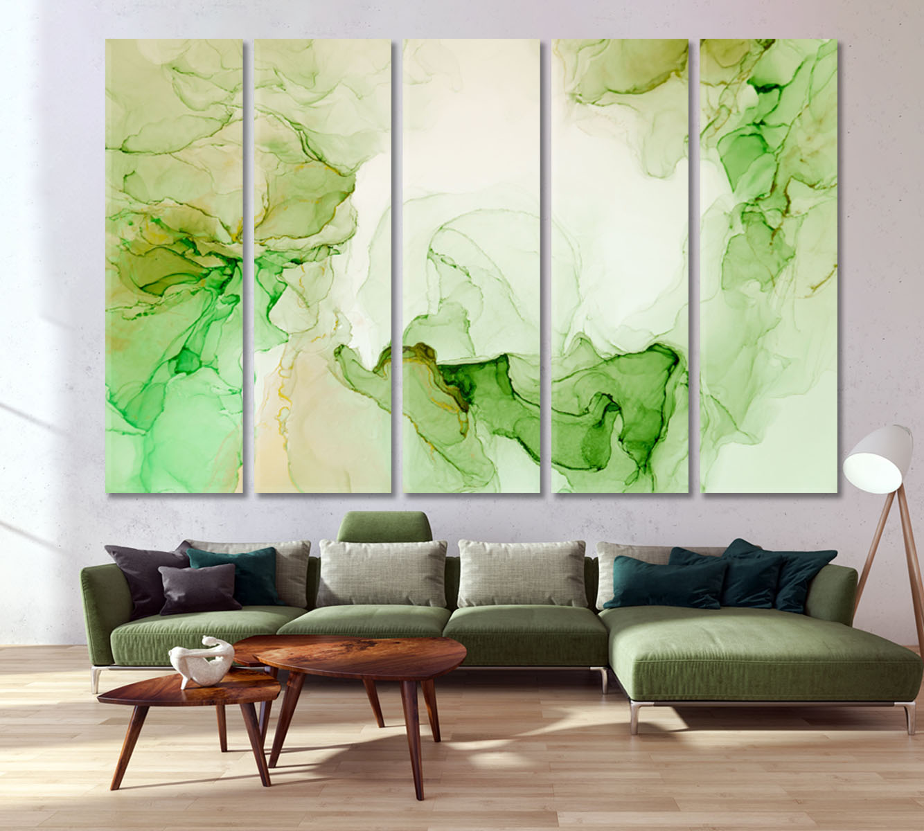 Ink Abstract Soft Green Color Bright Modern Contemporary Fluid Art, Oriental Marbling Canvas Print Artesty 5 panels 36" x 24" 