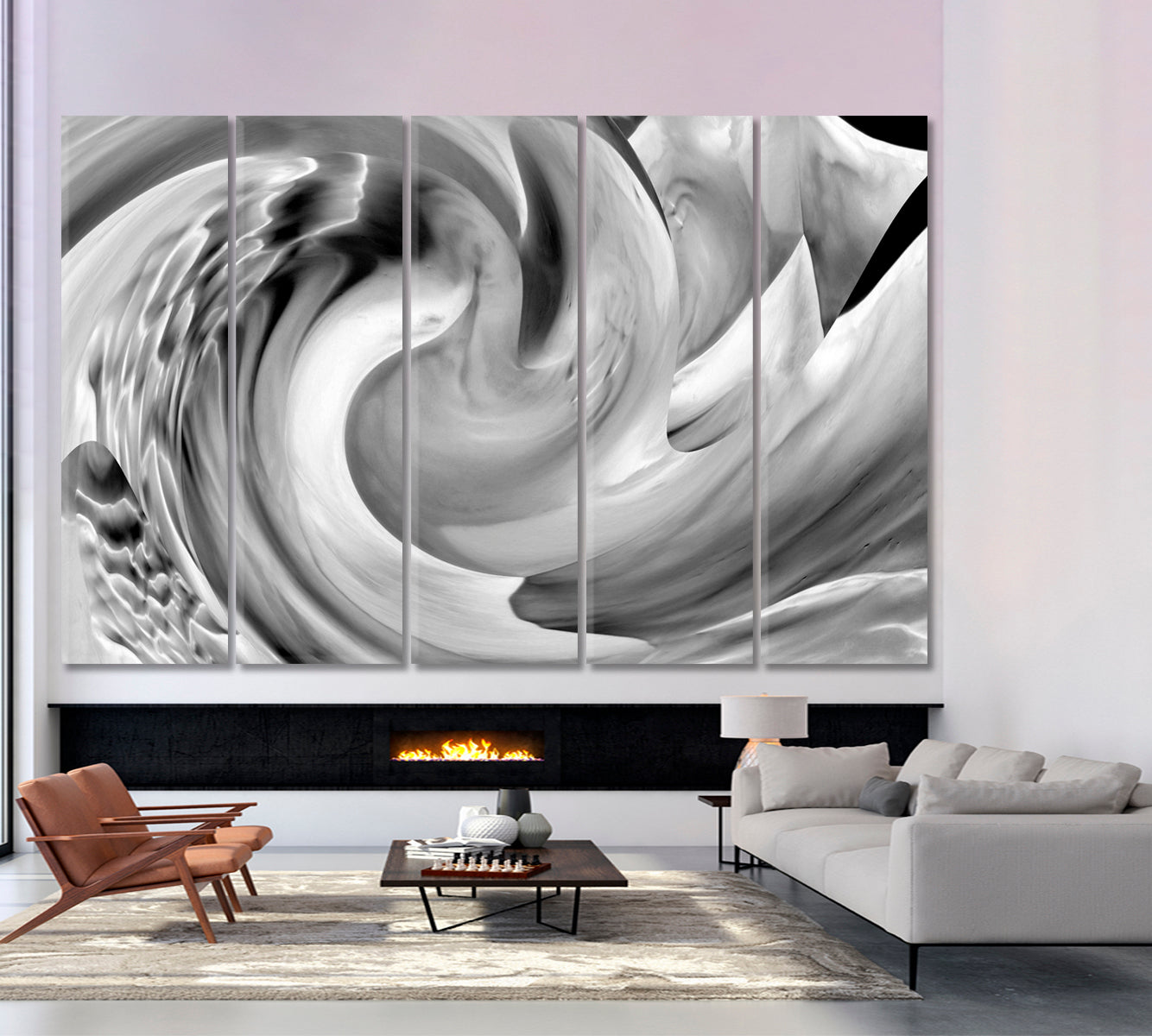 YIN YANG Symbol Vortex Abstract Wave B & W Black and White Wall Art Print Artesty 5 panels 36" x 24" 