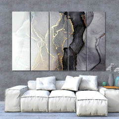 Luxury Abstract Fluid Art Alcohol Ink Black and Gold Fluid Art, Oriental Marbling Canvas Print Artesty 5 panels 36" x 24" 