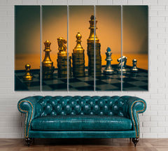 Chess Board Gold Coins Wealth Business Investment Finance Money Business Concept Wall Art Artesty 5 panels 36" x 24" 
