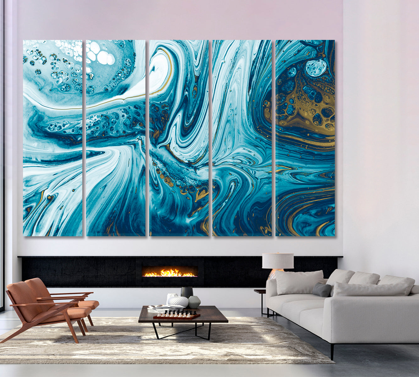 FRANCH BLUE Deep Shade Acrylic Pour Color Liquid Marble Abstract Fluid Art, Oriental Marbling Canvas Print Artesty 5 panels 36" x 24" 