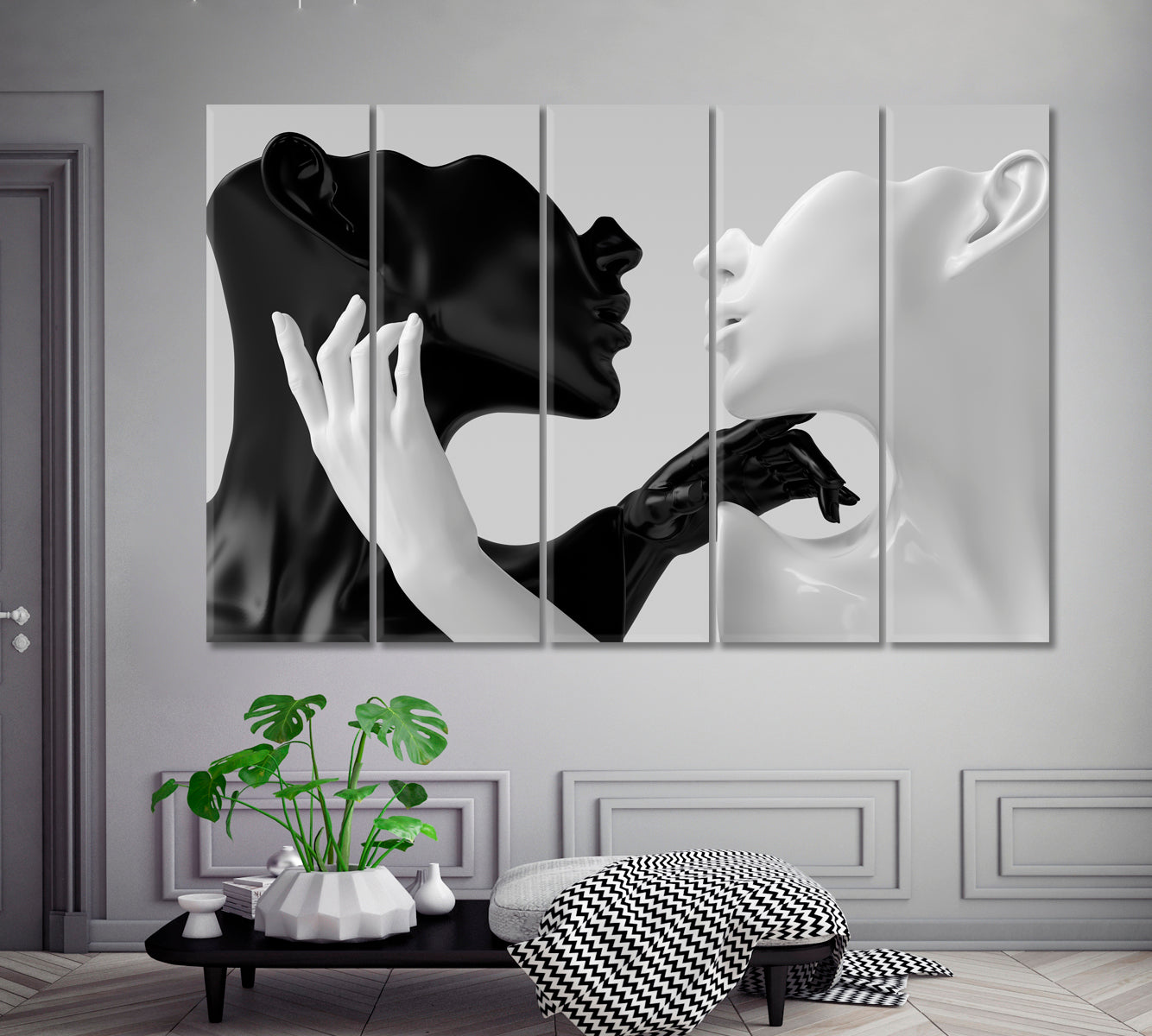 ABSTRACT ELEGANT Black and White Yin and Yang On Grey Black and White Wall Art Print Artesty 5 panels 36" x 24" 