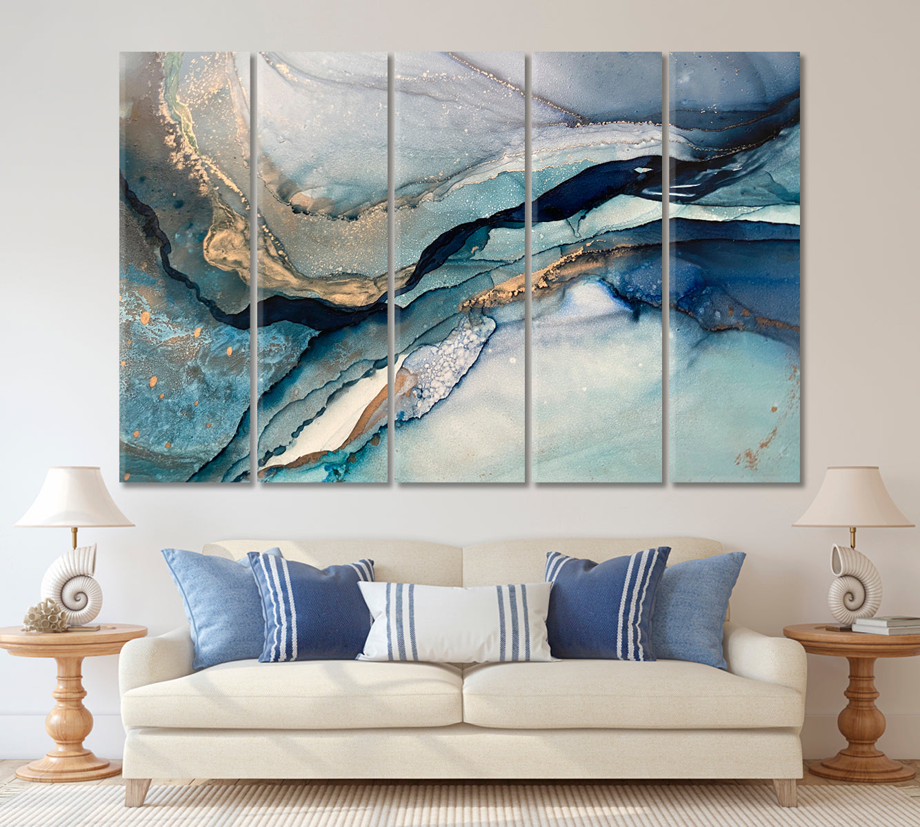 MARBLE VEINING Translucent Blue Meandering Lines Golden Veins Fluid Art, Oriental Marbling Canvas Print Artesty 5 panels 36" x 24" 