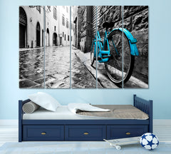 Retro Blue Bicycle Old Town Black and White Vintage Style Cities Wall Art Artesty 5 panels 36" x 24" 