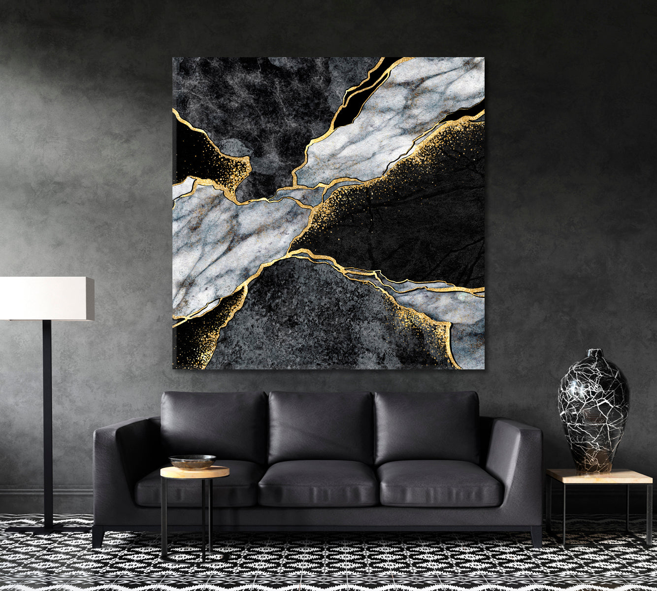 Beautiful Black Gtey & Gold Marble Canvas Print - Square Fluid Art, Oriental Marbling Canvas Print Artesty   