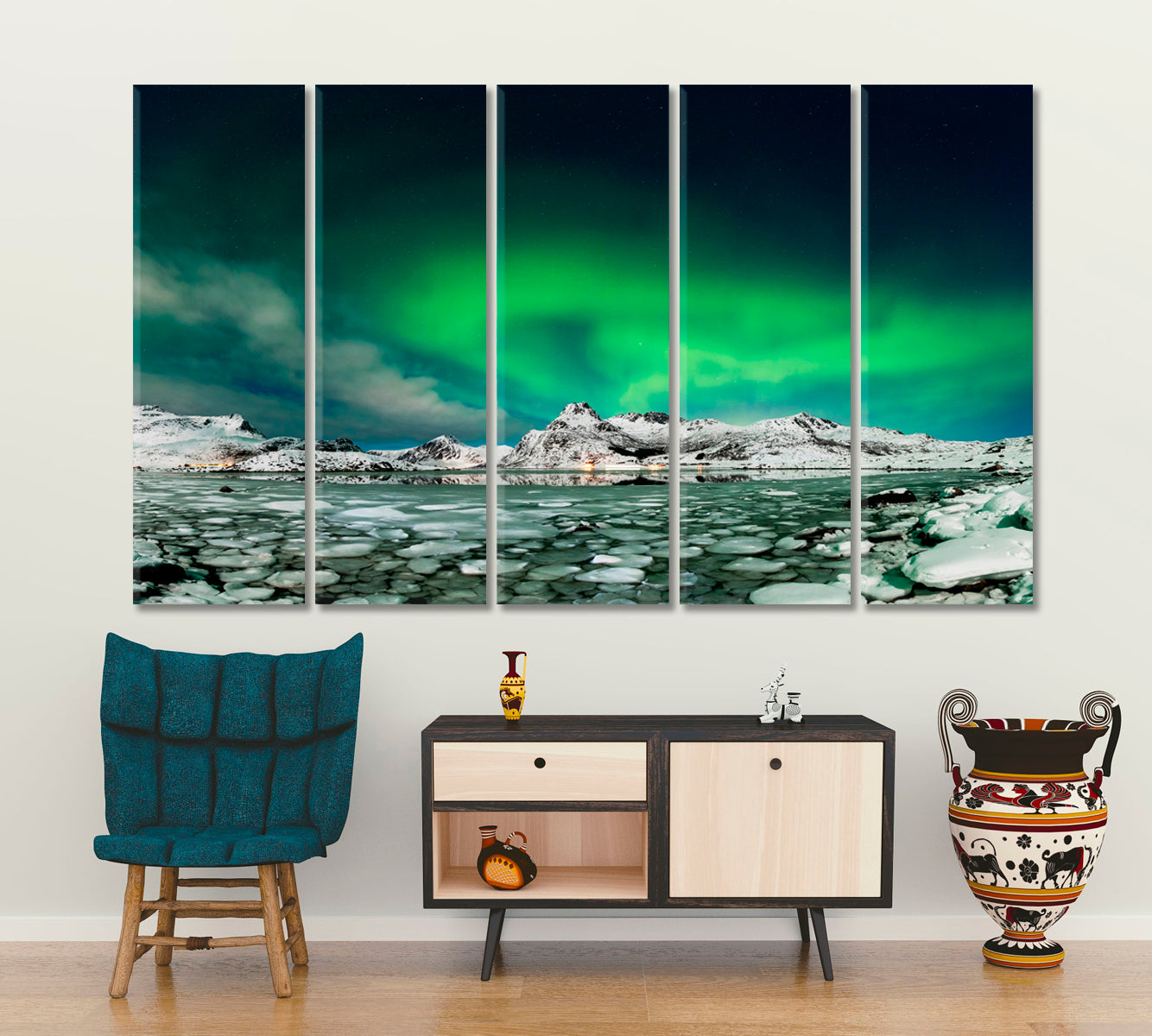 Aurora Borealis over Frozen Lake Scenery Landscape Fine Art Print Artesty 5 panels 36" x 24" 
