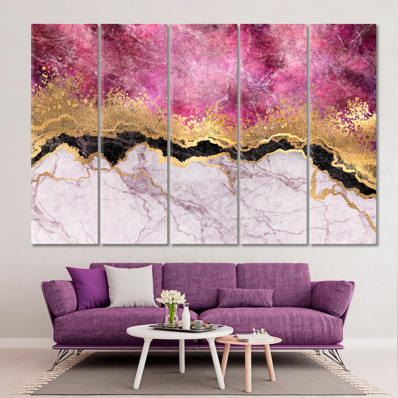 Abstract Pink Marble with Veins Stone Pattern Gold Foil Glitter Fluid Art, Oriental Marbling Canvas Print Artesty 5 panels 36" x 24" 