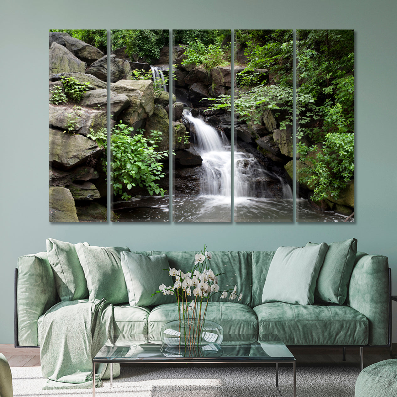 USA Central Park New York City Waterfall in Northwoods Nature Wall Canvas Print Artesty 5 panels 36" x 24" 