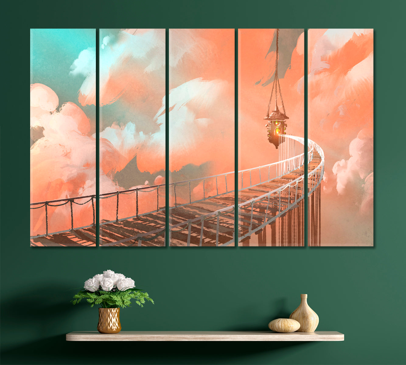 Mystical Surreal Coral Clouds Rope Bridge Hanging Lamp Surreal Fantasy Large Art Print Décor Artesty 5 panels 36" x 24" 