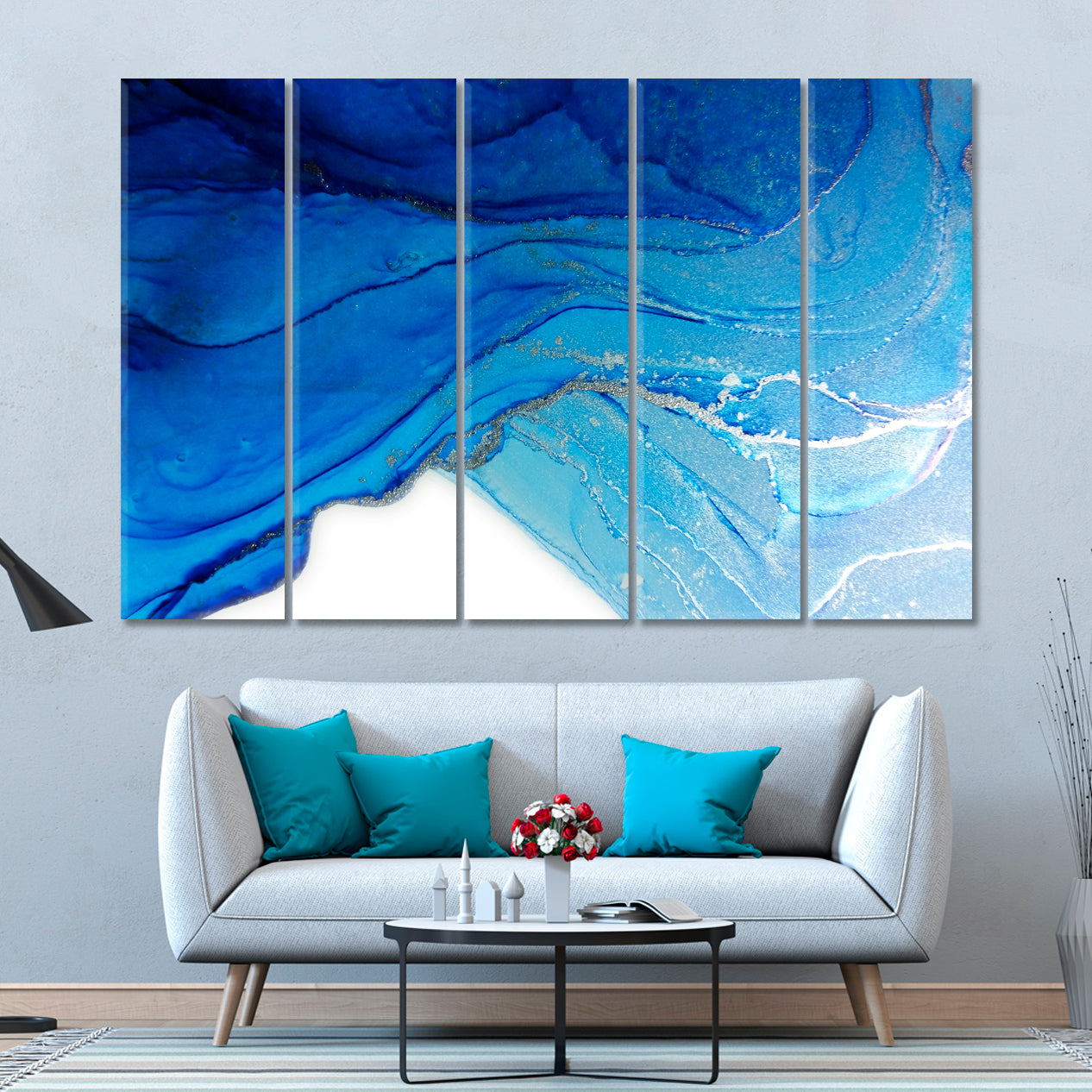 FROST AND WINTER Marble Shades Blue Tornado Abstract Fluid Fluid Art, Oriental Marbling Canvas Print Artesty 5 panels 36" x 24" 