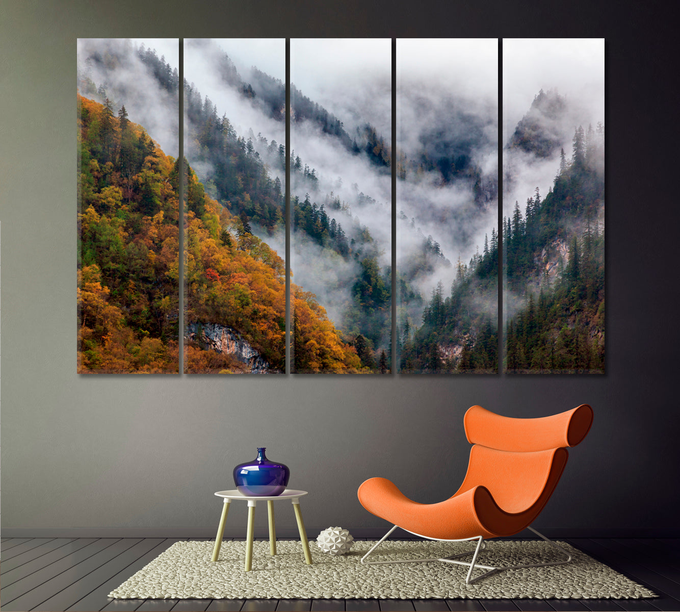 Mountains In The Mist Jiuzhaigou Valley Scenery Landscape Fine Art Print Artesty 5 panels 36" x 24" 