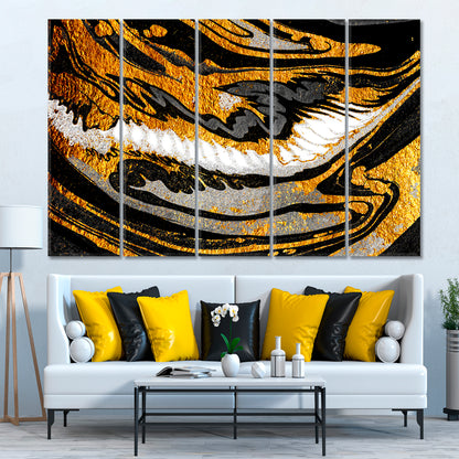 Agate Black Golden Swirl Oriental Suminagashi Japanese Marbling Fluid Art, Oriental Marbling Canvas Print Artesty 5 panels 36" x 24" 