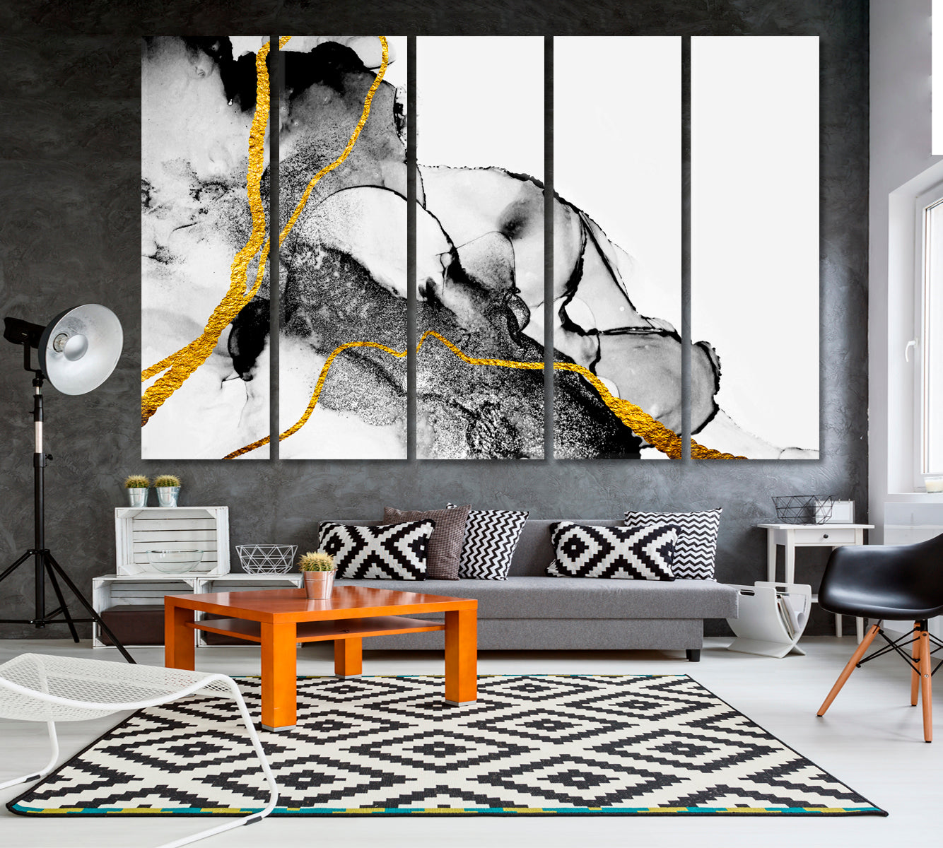 ART & INK Splash Transparent Creativity Black White Gold Marble Fluid Art, Oriental Marbling Canvas Print Artesty 5 panels 36" x 24" 