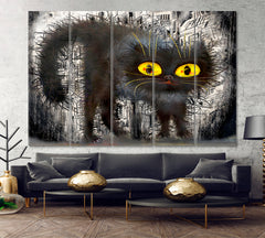 CUTE BLACK CAT Yellow Eyes at Night Whimsical Animals Fine Art Canvas Print Animals Canvas Print Artesty 5 panels 36" x 24" 