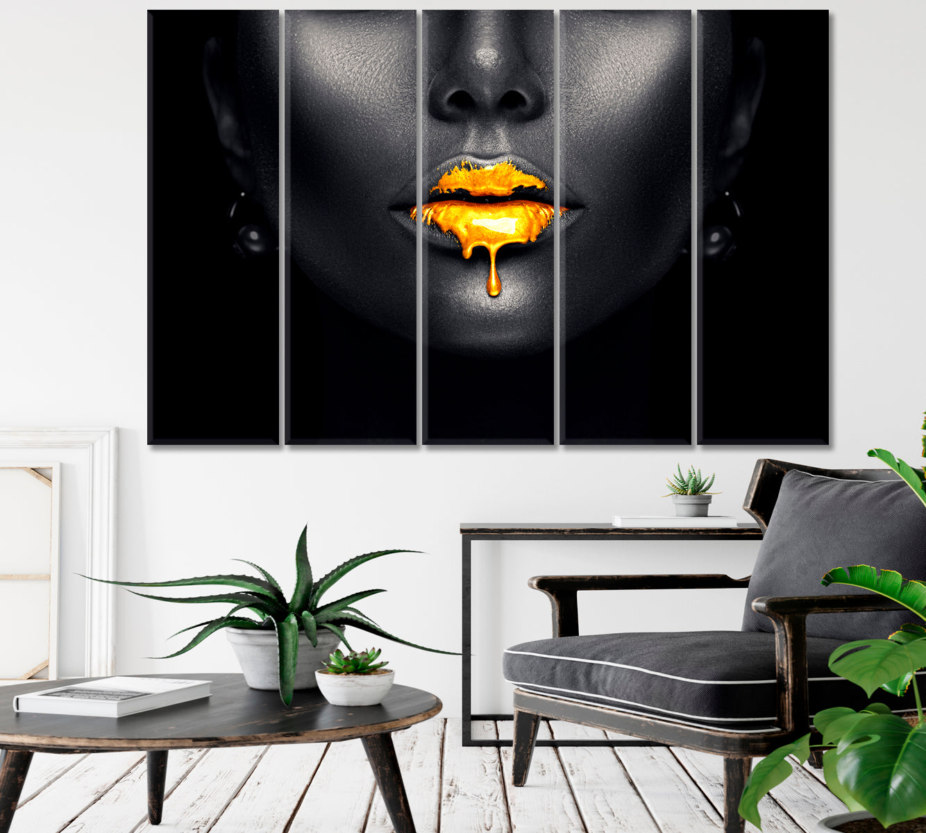 Golden Lips On Black Skin Make-up Beautiful Model Lip Gloss Dripping Beauty Salon Artwork Prints Artesty 5 panels 36" x 24" 