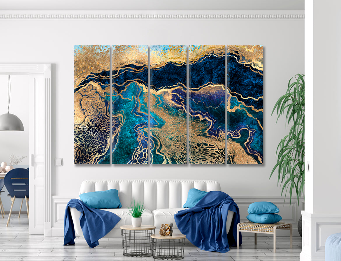 BLUE GOLD MARBLE Abstract Swirls Natural Luxury Style Fluid Art, Oriental Marbling Canvas Print Artesty 5 panels 36" x 24" 