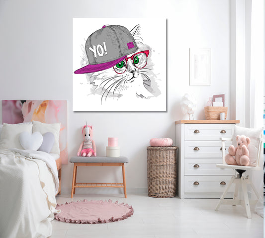 Cute Cat Hip-Hop Hat Funny Whimsical Animal KIDS ROOM CONCEPT Canvas Print | Square Panel Animals Canvas Print Artesty   