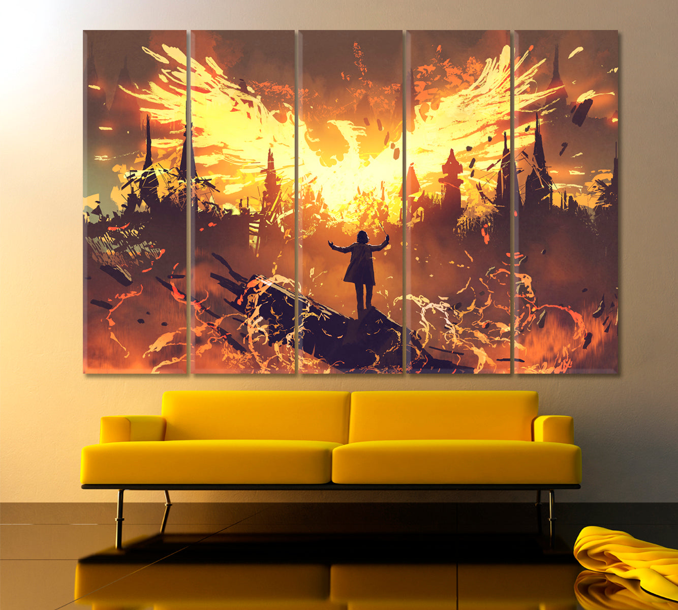 SURREAL FANTASY Mysterious Wizard And Phoenix Canvas Print Surreal Fantasy Large Art Print Décor Artesty 5 panels 36" x 24" 