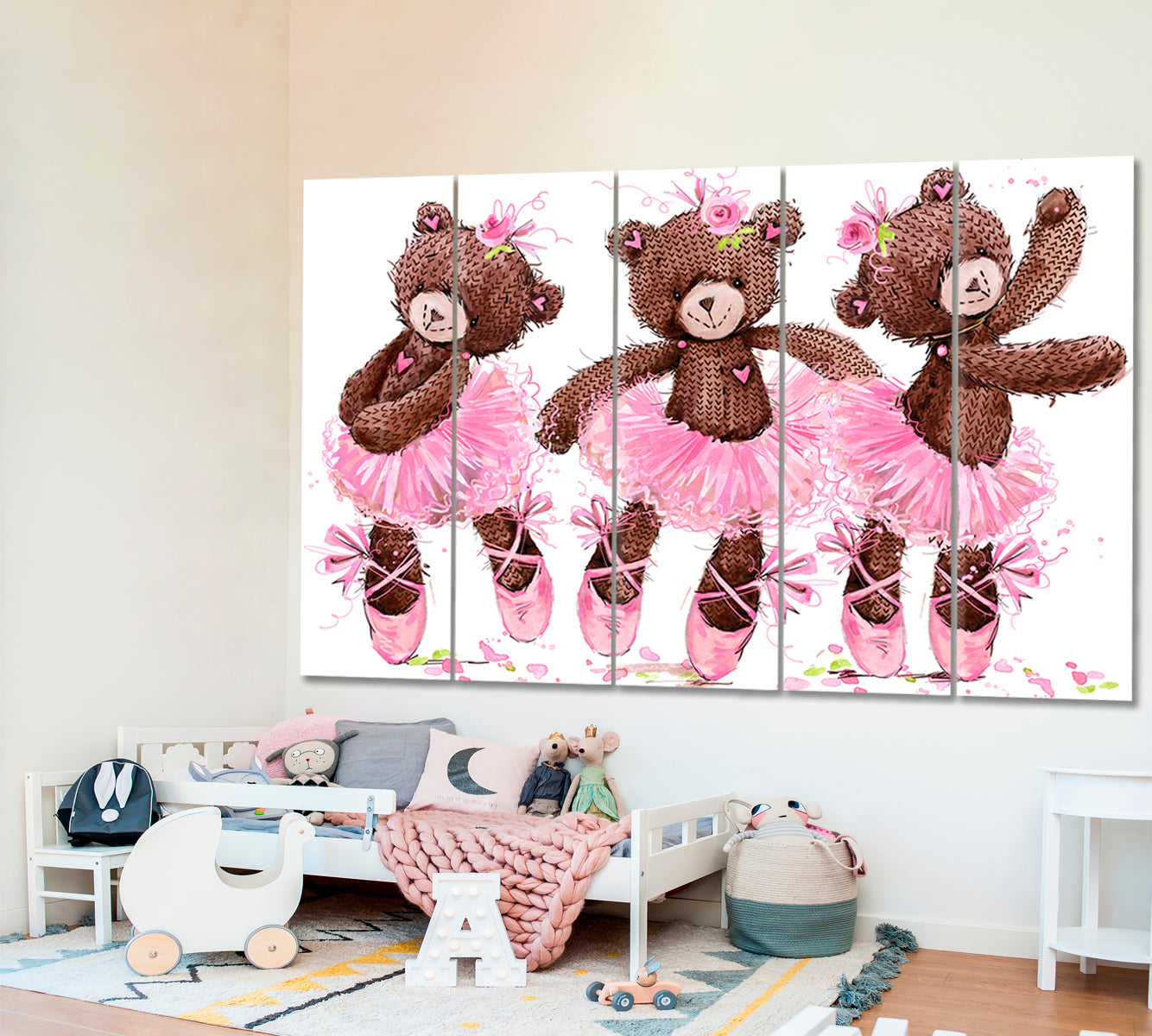 Kids Room Nursery Concept Cute Teddy Bear Sweet Cartoon Ballerina Canvas Print Kids Room Canvas Art Print Artesty 5 panels 36" x 24" 